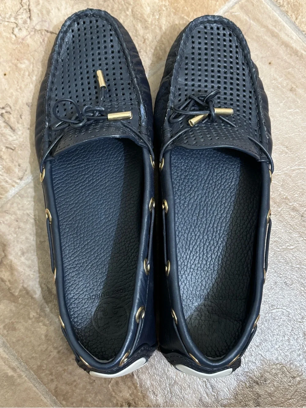 Tory Burch Black Perforated Leather Driving Loafers with Gold Accents